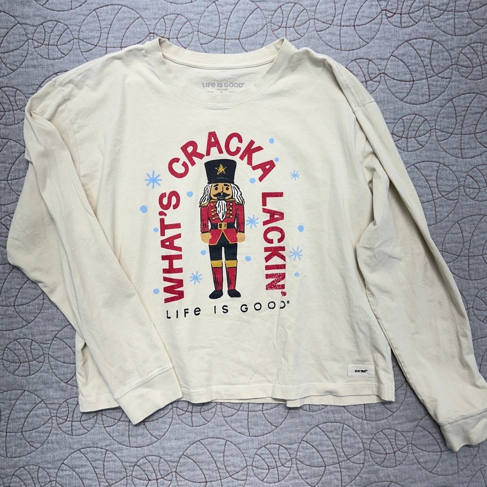 Life is Good Crusher Tee Cream Nutcracker Christmas / Womens Large